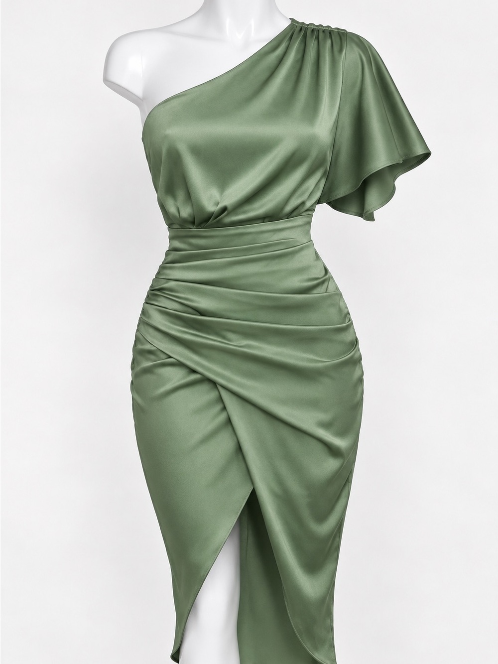 Women’s Sage Green Satin One Shoulder Ruched Wrap Midi Dress Size M